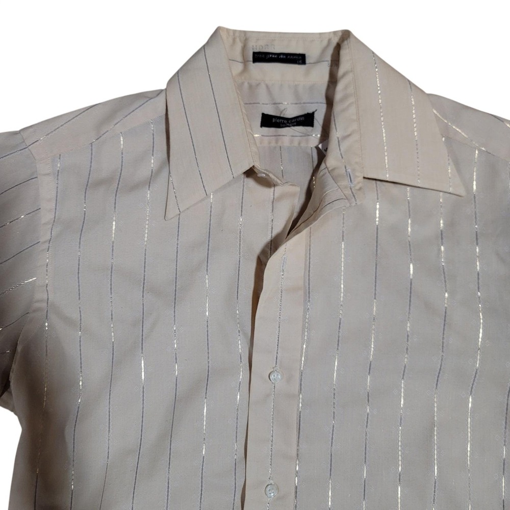 Vintage Pierre Cardin Boutique Long Sleeve Button Up Cream Metallic Stripe Sz 15